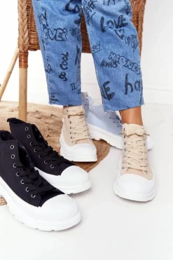 Damskie Wysokie Trampki Na Dużej Podeszwie Beżowo-Białe Trissy