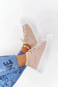 Damskie Wysokie Trampki Na Dużej Podeszwie Beżowo-Białe Trissy