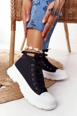 Damskie Wysokie Trampki Na Dużej Podeszwie Czarne Trissy