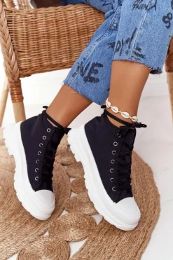 Damskie Wysokie Trampki Na Dużej Podeszwie Czarne Trissy