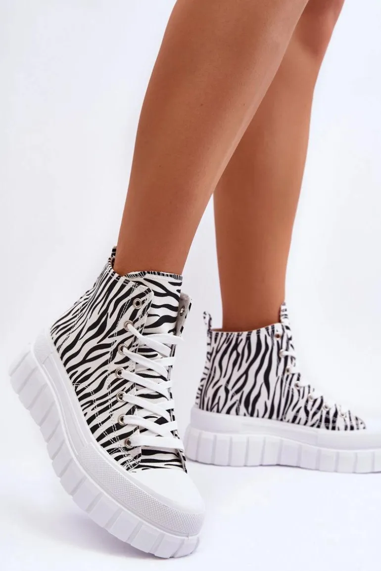 Damskie Wysokie Trampki Wzór Zebry Białe Florensi