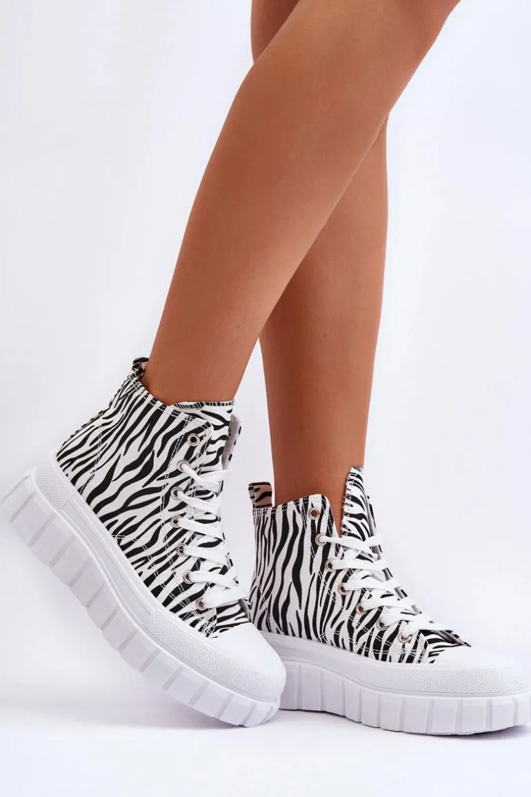 Damskie Wysokie Trampki Wzór Zebry Białe Florensi