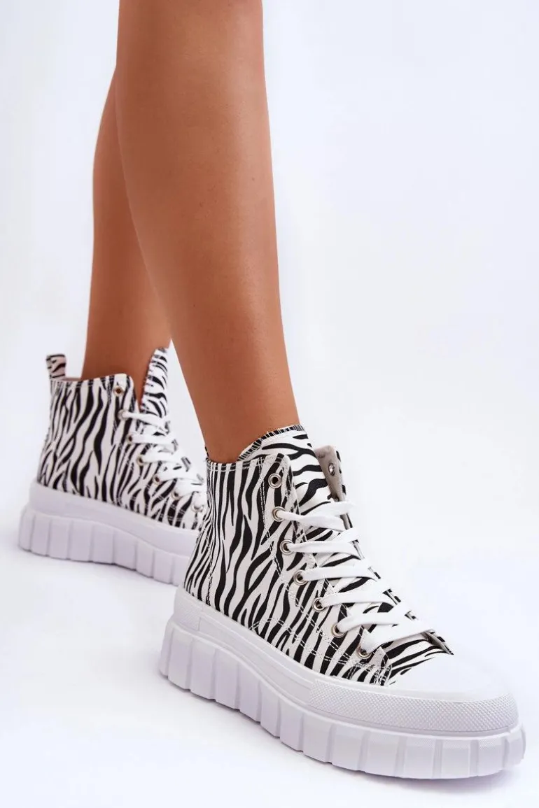 Damskie Wysokie Trampki Wzór Zebry Białe Florensi
