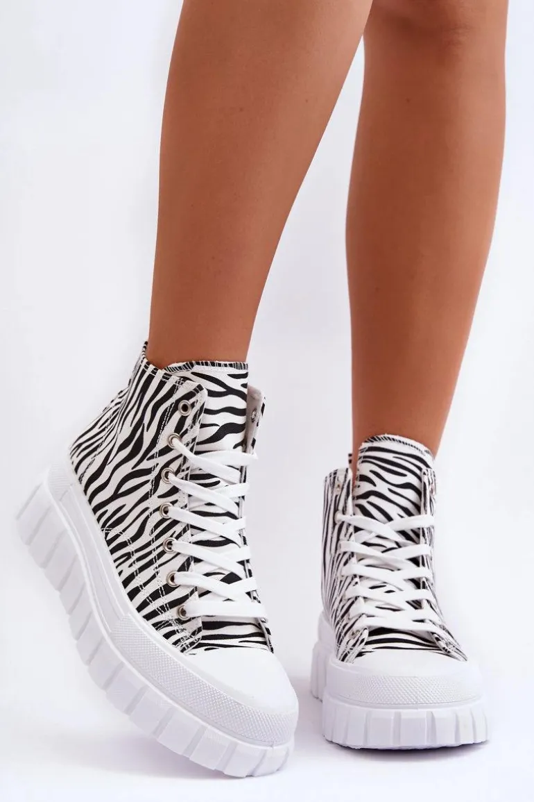 Damskie Wysokie Trampki Wzór Zebry Białe Florensi