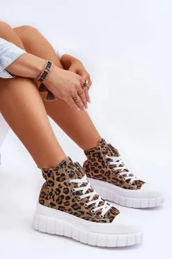 Damskie Wysokie Trampki Wzór Leopard Brązowe Florensi