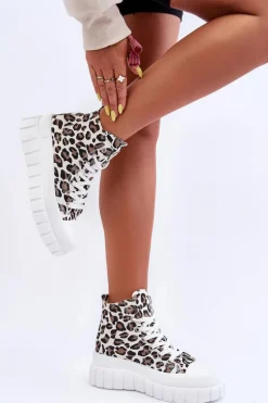 Damskie Wysokie Trampki Wzór Leopard Białe Florensi