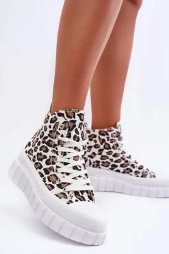Damskie Wysokie Trampki Wzór Leopard Białe Florensi