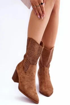 Damskie Wysokie Zamszowe Botki Kowbojki Brązowe Turner