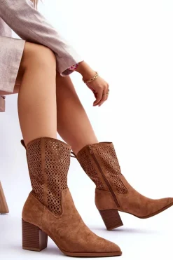 Damskie Wysokie Zamszowe Botki Kowbojki Brązowe Turner