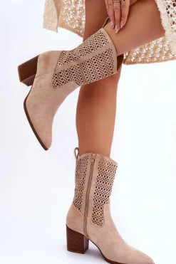 Damskie Wysokie Zamszowe Botki Kowbojki Beżowe Turner