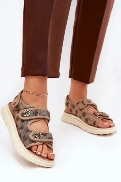 Damskie Wzorzyste Materiałowe Sandały Ze Złotymi Detalami Khaki Pefese