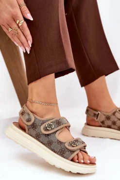 Damskie Wzorzyste Materiałowe Sandały Ze Złotymi Detalami Khaki Pefese