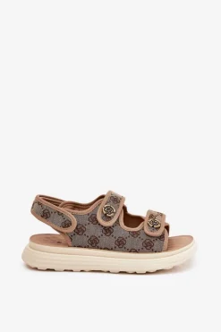 Damskie Wzorzyste Materiałowe Sandały Ze Złotymi Detalami Khaki Pefese