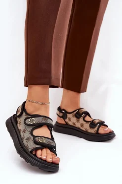 Damskie Wzorzyste Materiałowe Sandały Ze Złotymi Detalami Beżowo-Czarne Pefese