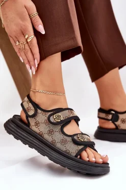 Damskie Wzorzyste Materiałowe Sandały Ze Złotymi Detalami Beżowo-Czarne Pefese