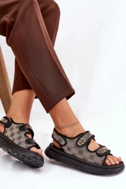 Damskie Wzorzyste Materiałowe Sandały Ze Złotymi Detalami Beżowo-Czarne Pefese