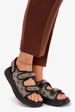 Damskie Wzorzyste Materiałowe Sandały Ze Złotymi Detalami Beżowo-Czarne Pefese