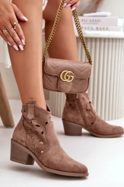 Damskie Zamszowe Ażurowe Botki Kowbojki Brązowe S.Barski HY42-086