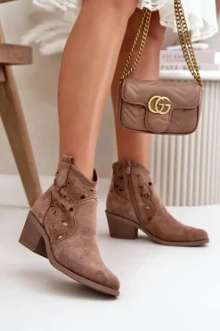 Damskie Zamszowe Ażurowe Botki Kowbojki Brązowe S.Barski HY42-086