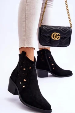 Damskie Zamszowe Ażurowe Botki Kowbojki Czarne S.Barski HY42-086