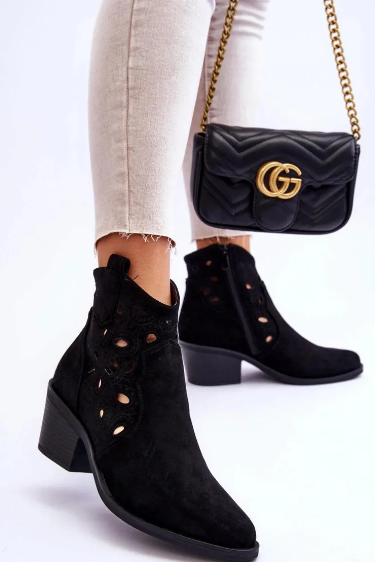 Damskie Zamszowe Ażurowe Botki Kowbojki Czarne S.Barski HY42-086