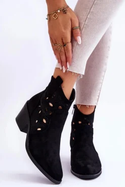 Damskie Zamszowe Ażurowe Botki Kowbojki Czarne S.Barski HY42-086
