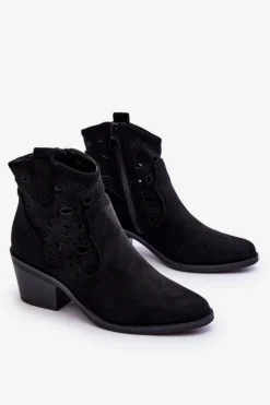 Damskie Zamszowe Ażurowe Botki Kowbojki Czarne S.Barski HY42-086