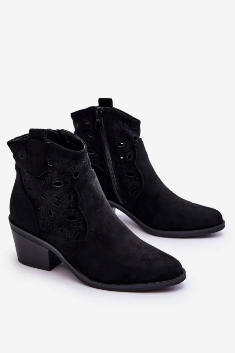 Damskie Zamszowe Ażurowe Botki Kowbojki Czarne S.Barski HY42-086
