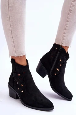 Damskie Zamszowe Ażurowe Botki Kowbojki Czarne S.Barski HY42-086