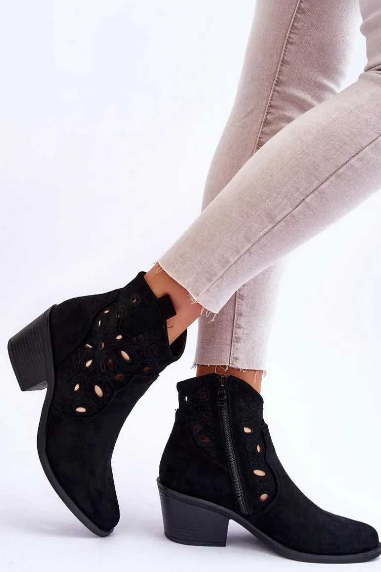 Damskie Zamszowe Ażurowe Botki Kowbojki Czarne S.Barski HY42-086