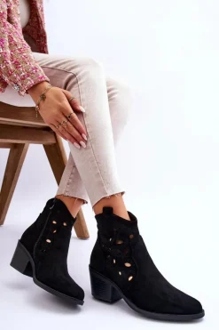 Damskie Zamszowe Ażurowe Botki Kowbojki Czarne S.Barski HY42-086