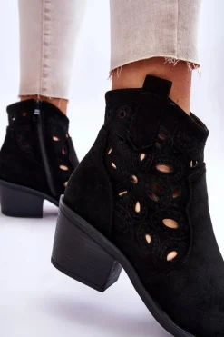 Damskie Zamszowe Ażurowe Botki Kowbojki Czarne S.Barski HY42-086