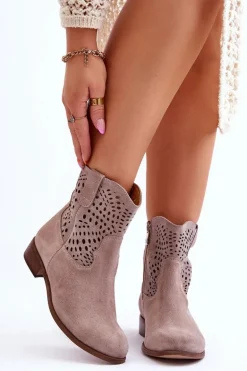 Damskie Zamszowe Ażurowe Botki Lewski Shoes 3301 Cappuccino