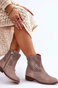 Damskie Zamszowe Ażurowe Botki Lewski Shoes 3301 Cappuccino