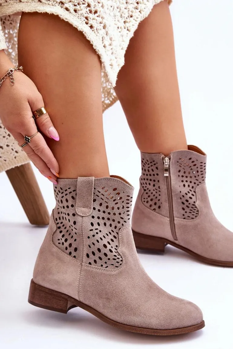 Damskie Zamszowe Ażurowe Botki Lewski Shoes 3301 Cappuccino
