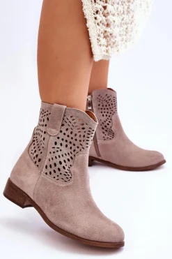 Damskie Zamszowe Ażurowe Botki Lewski Shoes 3301 Cappuccino