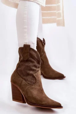 Damskie Zamszowe Ażurowe Botki Kowbojki Khaki Eleonore