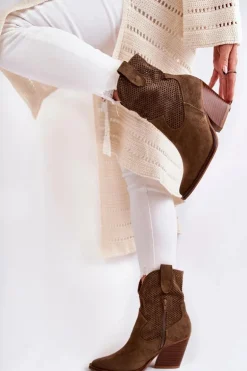 Damskie Zamszowe Ażurowe Botki Kowbojki Khaki Eleonore