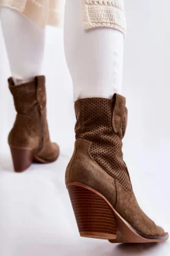 Damskie Zamszowe Ażurowe Botki Kowbojki Khaki Eleonore