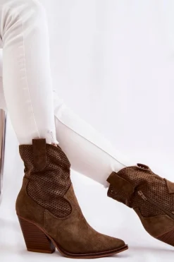 Damskie Zamszowe Ażurowe Botki Kowbojki Khaki Eleonore