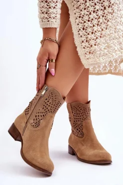 Damskie Zamszowe Ażurowe Botki Lewski Shoes 3301 Beżowe