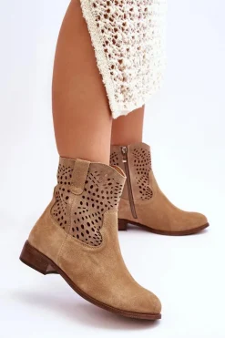 Damskie Zamszowe Ażurowe Botki Lewski Shoes 3301 Beżowe