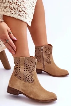 Damskie Zamszowe Ażurowe Botki Lewski Shoes 3301 Beżowe