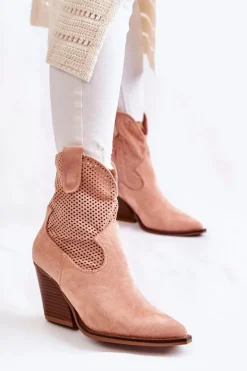 Damskie Zamszowe Ażurowe Botki Kowbojki Różowe Eleonore