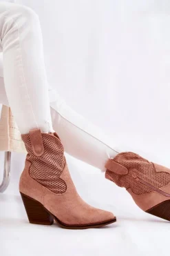 Damskie Zamszowe Ażurowe Botki Kowbojki Różowe Eleonore