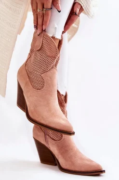 Damskie Zamszowe Ażurowe Botki Kowbojki Różowe Eleonore