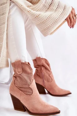 Damskie Zamszowe Ażurowe Botki Kowbojki Różowe Eleonore