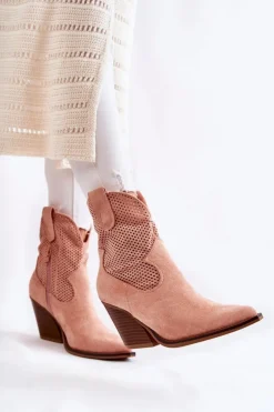 Damskie Zamszowe Ażurowe Botki Kowbojki Różowe Eleonore