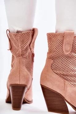 Damskie Zamszowe Ażurowe Botki Kowbojki Różowe Eleonore