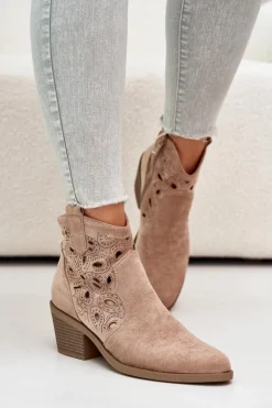 Damskie Zamszowe Ażurowe Botki Kowbojki Beżowe S.Barski HY42-086
